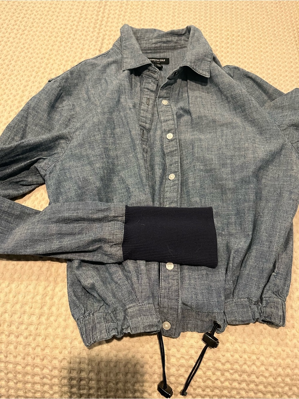 Kenneth Cole Women’s Chambray Button-Down Shirt Jacket in Blue with Navy Cuff